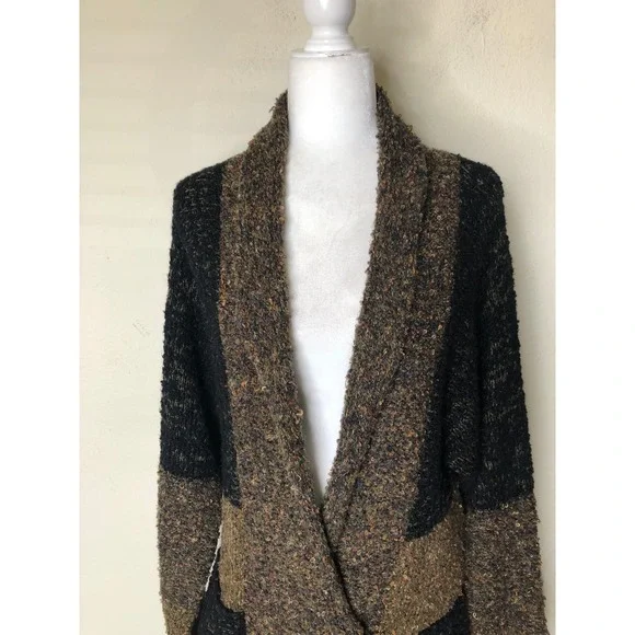Vtg. Chicos Cardigan Sweater Duster Long Knit Open Front Pockets Brown Black | L - Picture 11 of 16